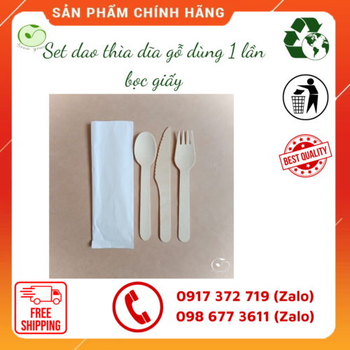 bộ dao thìa dĩa gỗ dùng 1 lần bọc giấy