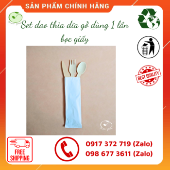 Dao thìa dĩa gỗ dùng 1 lần bọc giấy